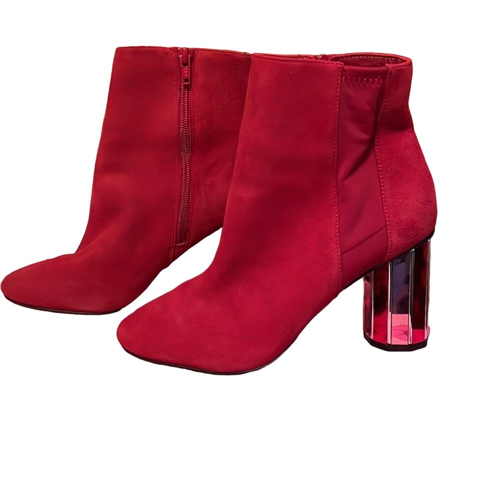 Aldo Women’s Red Suede Mirrored Heeled Booties sz 7.5 Zipper sides Fun Fashion